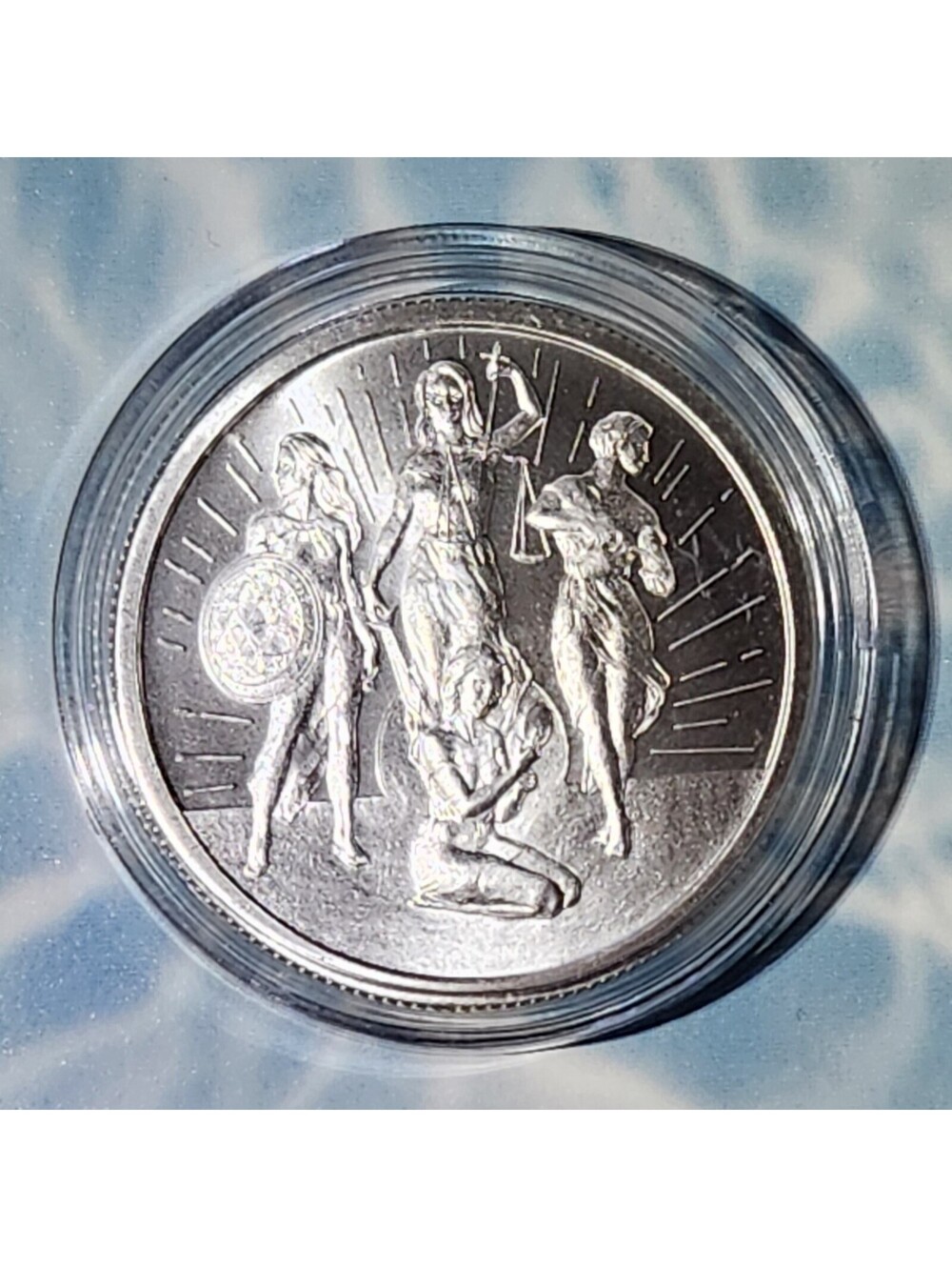 RISING VIRTUES Silver Shield 1 Oz .999 Fine Silver Bullion NEW Capsule Excellent